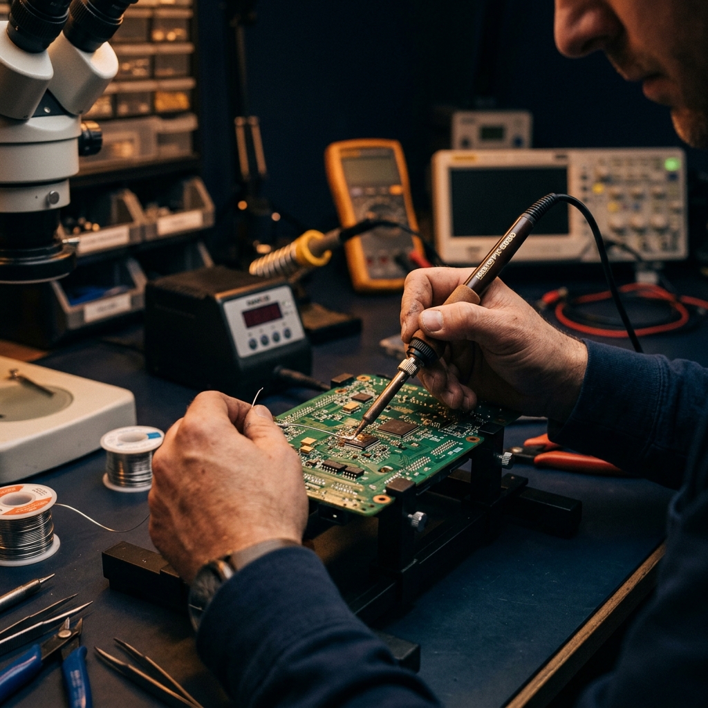 Elektronik kart onarım teknisyeni lehim yapıyor